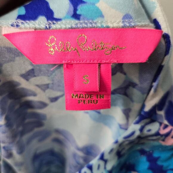 Lilly Pulitzer Shirt Size Small Fontaine Top Turquoise Oasis Wave After Wave 3/4 - Picture 5 of 6